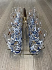 MCM Set 8 Highball Glasses with Gold Tone Wire Storage/Carry Rack