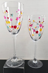 2) Pier 1 Cherry Blossom Water Goblet Set Floral Painted Etch Clear Stemware Lot