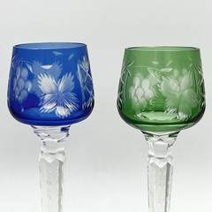 Bohemian Czech Cut to Clear Crystal Cordial Goblets 4 Colors Purple Green Blue