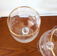 VTG Set of 3 Bohemia Crystal Queens Lace Wine Water Goblets Gold Rim Ball Stem
