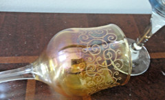 CRISTALLERIA FRATELLI FUMO SET / 3 ETCHED AMBER BLUE & PURPLE WINE GLASSES ITALY