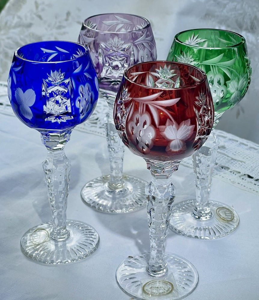 AJKA Crystal Marsala 4 Wine Cordial Glasses 5”~ Ruby, Emerald, Cobalt, Amethyst