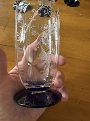 Weston Cobalt Blue Footed Water Glasses Etched Floral Set 6-Vtg-Excellent-5×2.5