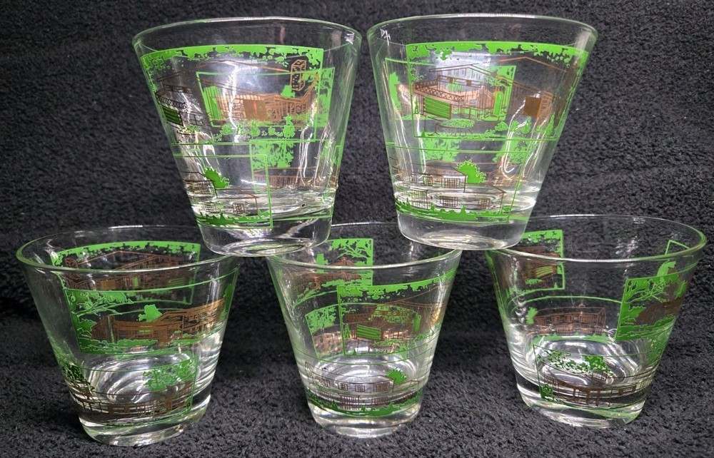 Vintage MCM Green Gold Architectural Rocks Glasses Set of 5 Old Fashioned