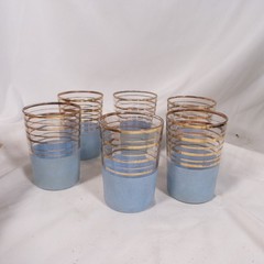 Vintage Mid Century Light Blue Textured Glasses Gold Stripe Tumblers Set of 6