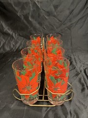 8 VTG CHRISTMAS BRIGHT RED POINSETTIA GLASS TUMBLER BRASS METAL CARRIER MCM
