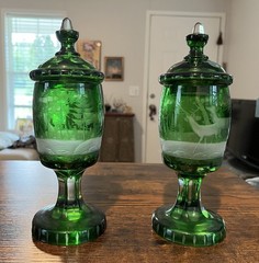 Green Cut Glass Goblets with Lids Set of 2 Vintage Glassware