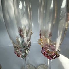 Set Of 8 Signed Hand Blown Ion Tamaian Art Glass Champagne Flutes Pink
