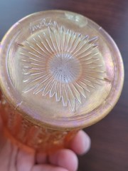 Electric Marigold Intaglio Cherry Terry Crider Art Glass Carnival Glass Tumbler