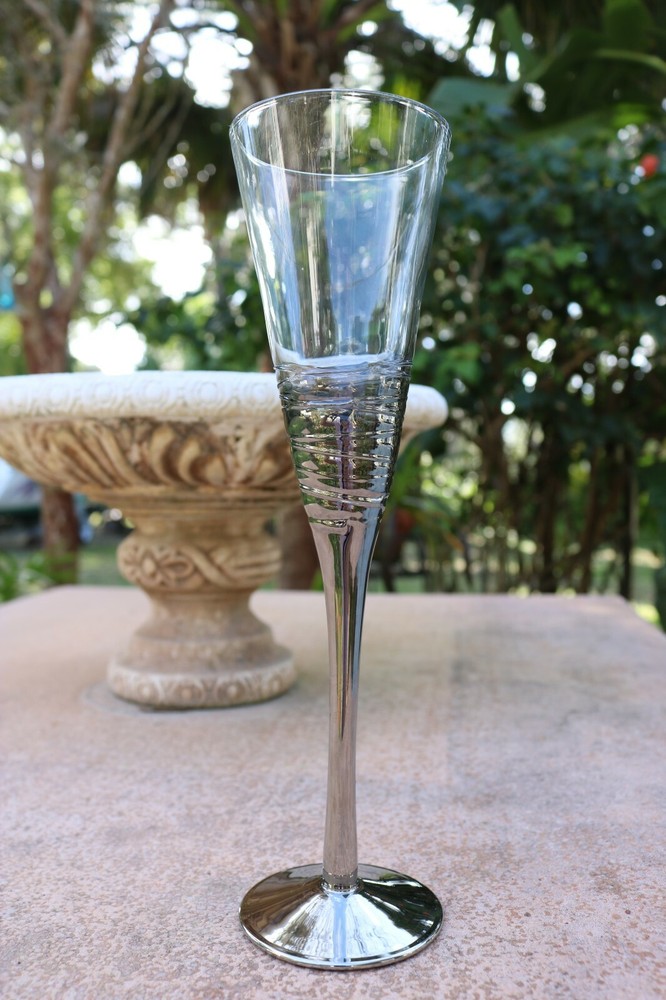 2 Toasting Flutes Platinum Stem and Foot Silver Swirls Trumpet Wine Two Tone