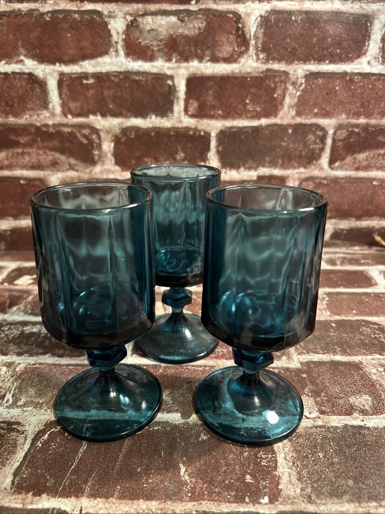 Set of 3 Vintage Colony Nouveau Riviera Blue Teal Octagonal Water Goblet Glasses