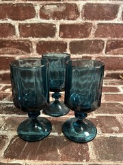 Set of 3 Vintage Colony Nouveau Riviera Blue Teal Octagonal Water Goblet Glasses