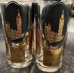 Vintage Set of 4 MCM Stancraft World Travelers Highball Black and Gold Tumblers