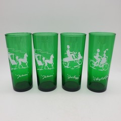 Vtg Anchor Hocking Green Glasses -bicycle for 2, gas buggy (2) the hansom (2)
