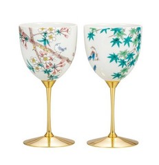 JAPAN KUTANI Kutani Yaki Wine Cup Pair Small Birds Spring and Autumn 120cc