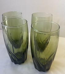 4 Anchor Hocking Central Park Ivy Green Iced Tea Set Swirl Wave Flat Tumbler Lot