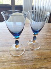 2 Mikasa Estate Slate Blue/ Amber Wine/Water Glasses Handblown Art Deco 7″H EUC