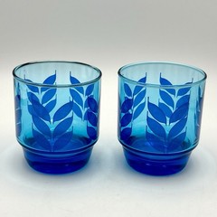 MCM J. WM Hale Cobalt Blue Leaf Lowball Cocktail Drink Glasses Set of 2