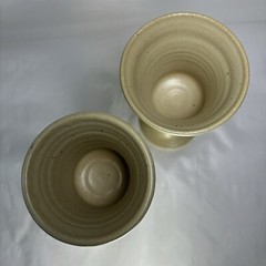 Art Pottery Chalice Wine Goblets Beige Blue Floral Artist Signed Set of 2