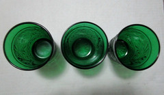 3 Anchor Hocking Forest Green Sandwich Pattern 7 OZ Juice Glasses 4″ Tall 1950’s
