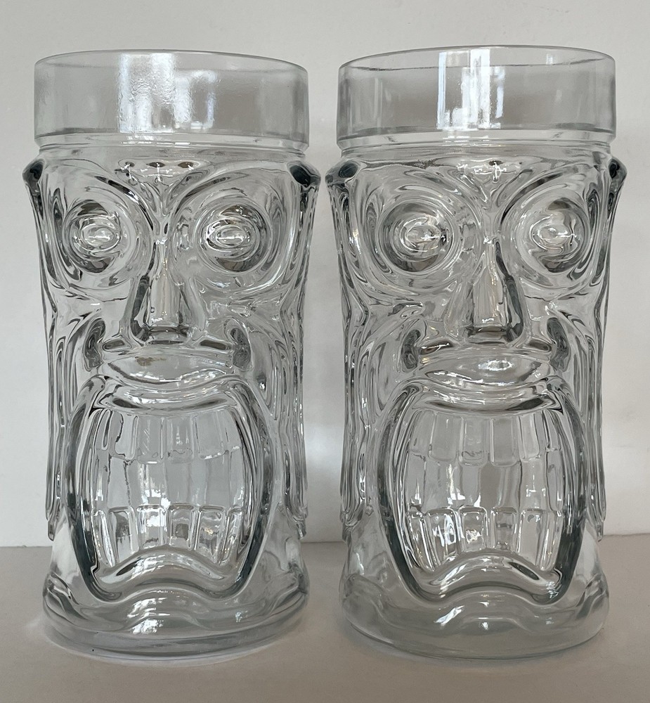 Anchor Hocking 2 Screaming Tiki Clear Glass Tumblers 16oz Halloween Luau Vintage
