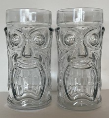 Anchor Hocking 2 Screaming Tiki Clear Glass Tumblers 16oz Halloween Luau Vintage