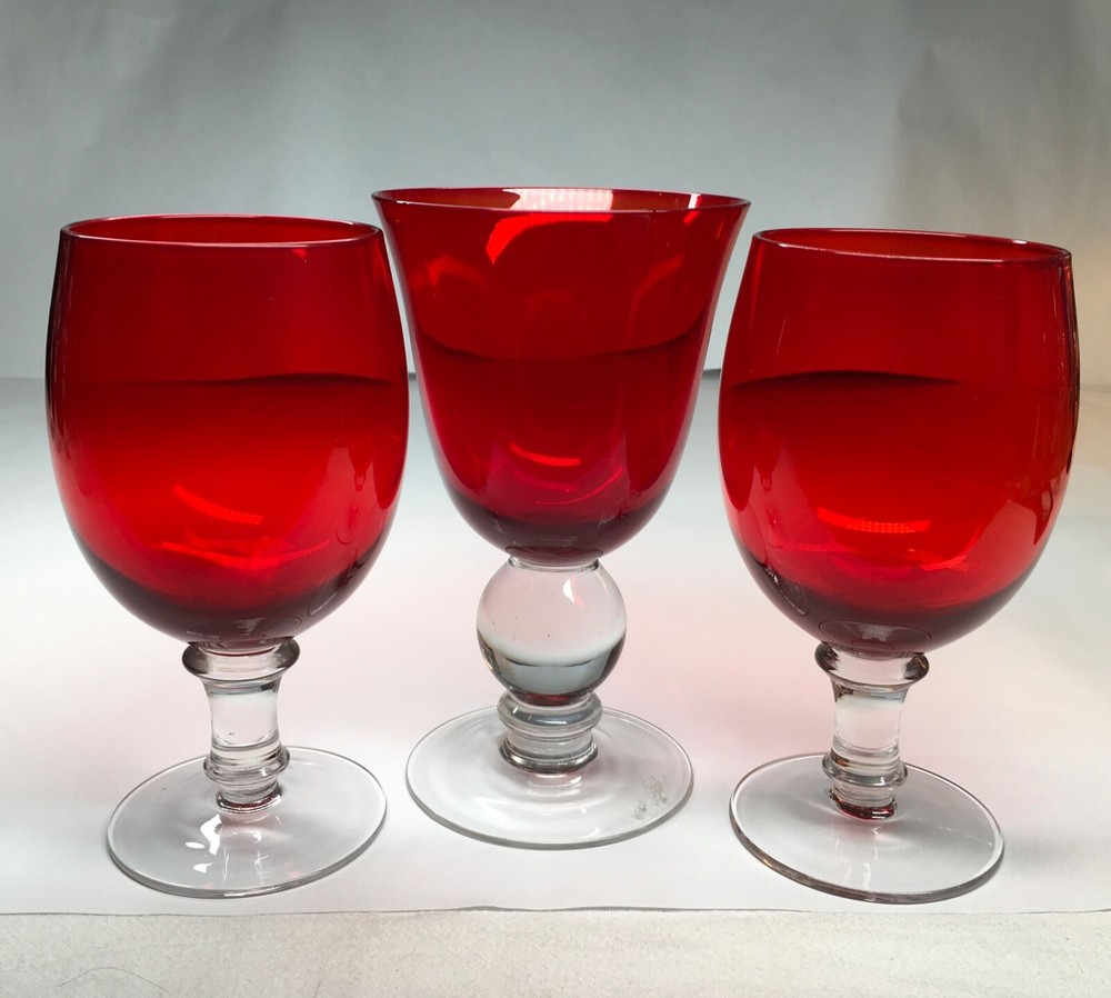 Lenox Holiday Gems Ruby Red Glass Goblets Lot Of 3 Mis-Matched Vintage Goblets.