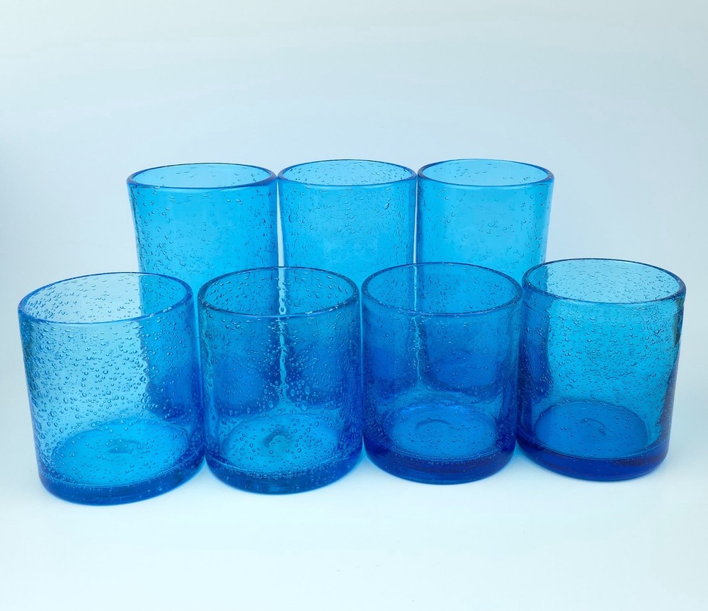 7x Blue Hand Blown Art Glass 5.75” / 4″ Tumblers Drinking Glasses Cups