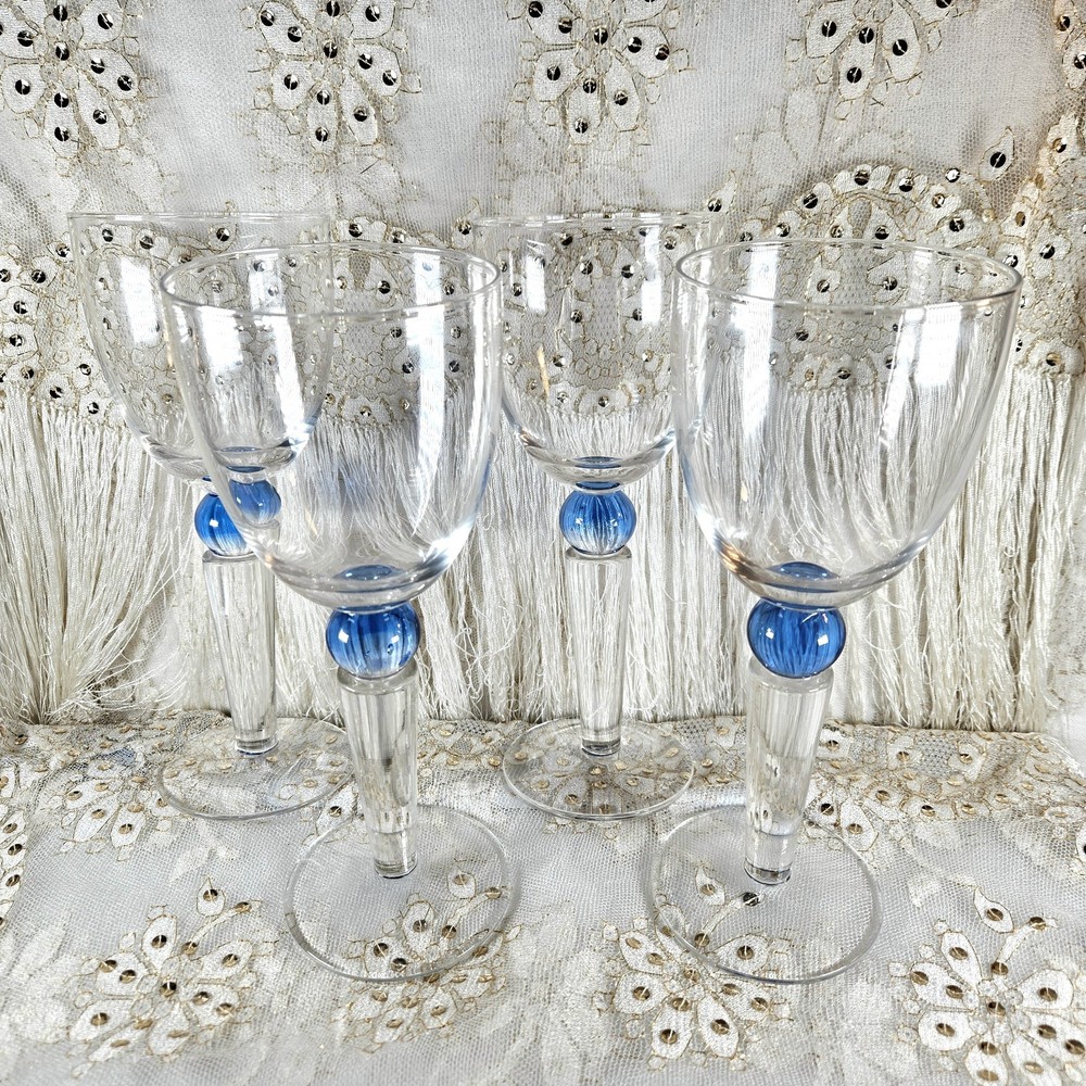 VGT 4 Art Glass MCM Danish Water Goblets Cobalt Blue Bubble Stem 8.5″H