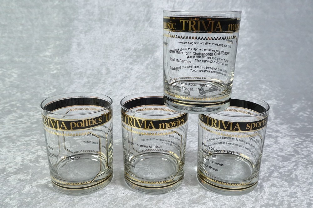 4 CULVER Dbl Old Fashioned Q & A Trivia Glasses Music Movies Politics Sports 22K