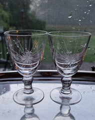 2 Atomic Starburst Etched 3.25″ Crystal Liqueur Glasses 1960s Vtg Barware