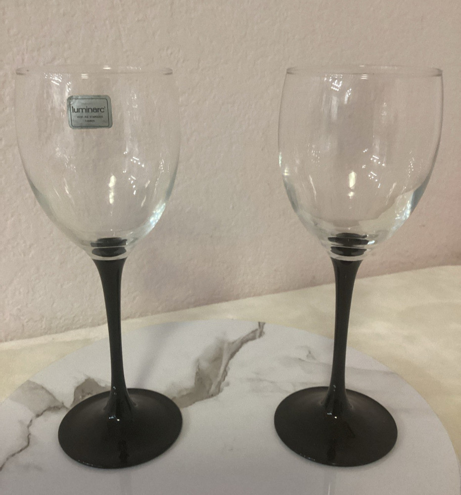 Two Vintage Luminarc Domino Black Stem Wine Glasses Made in France