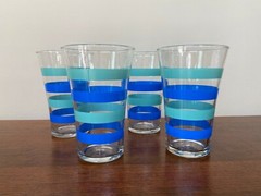 4 Libbey Glass Blue & Green Stripe 16 oz Tumbers