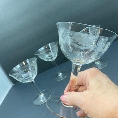 SET 4 Antique CHAMPAGNE / Sherbet COUPE French Mousseline CRYSTAL ETCHED Floral