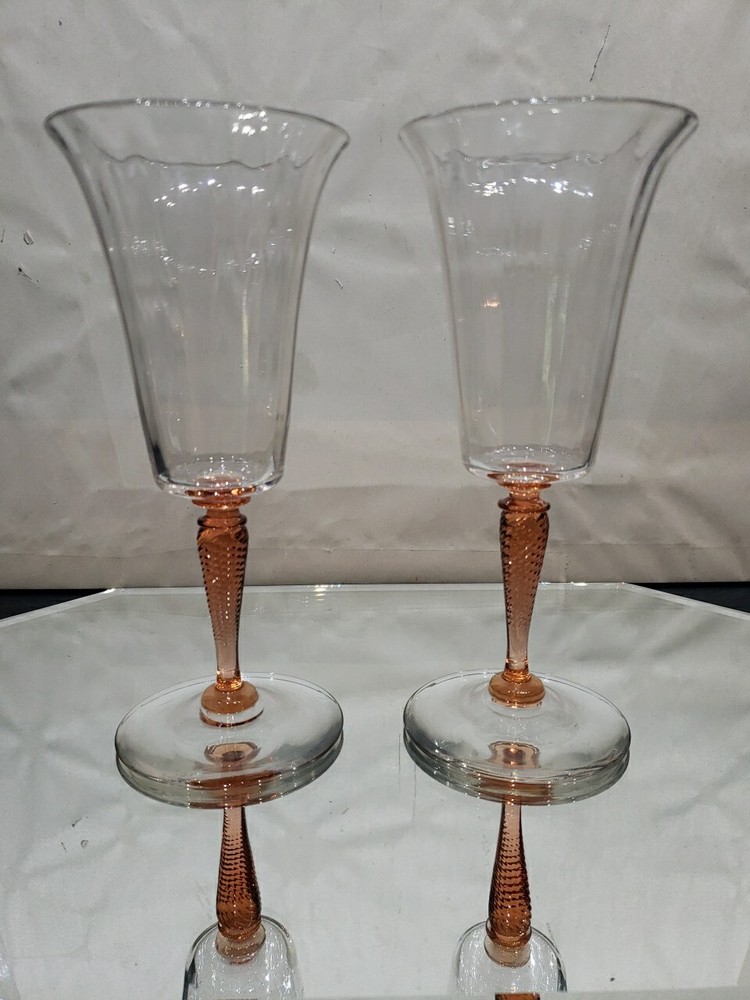 (2) Water Goblet Glasses 8-1/2″, Signed Steuben Pink Rose twist stem 3551 clear