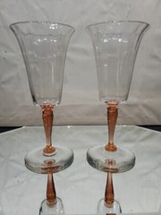 (2) Water Goblet Glasses 8-1/2″, Signed Steuben Pink Rose twist stem 3551 clear