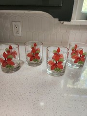 Set of 4 Poinsettia Low Ball Glasses by Mary Lou Goertzen, 8 ounce, Portugal