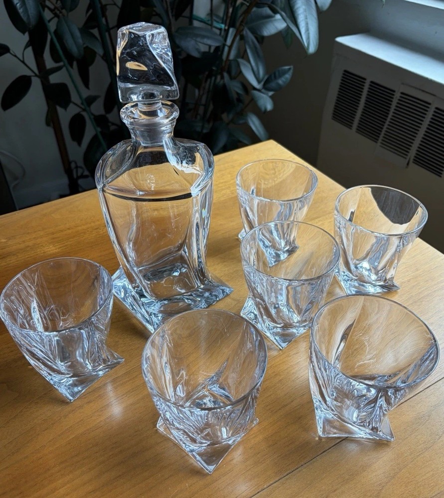 Bohemia Czech Crystal Whiskey Decanter Set | “Quadro” | 1 Decanter + 6 Glasses