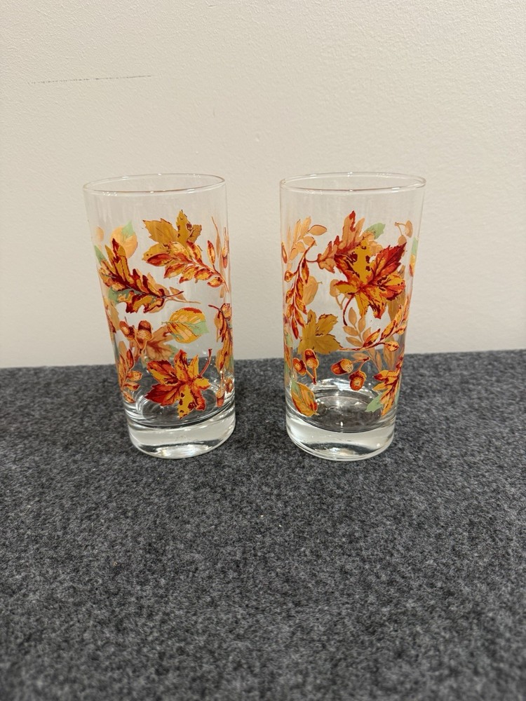 Vintage Autumn Fall Leaves Highball Glasses Set of 2 Retro Mid Century Tumblers