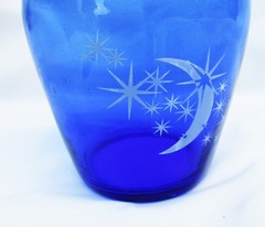 Tumble up blue glass moon & stars bedside decanter carafe set excellent