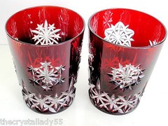 6 Snow Crystals Ruby Red cased cut to clear crystal whiskey rocks STORE CLOSING