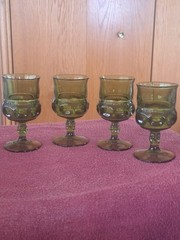 Indiana Glass King’s Crown Thumbprint Avocado Green Goblets VTG MCM. Set of 4
