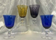 Set Of 4~Artland~Blown Glass Goblets~2 Cobalt, 1 Purple & 1 Amber~6 Inch