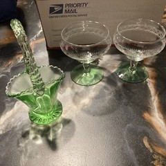 1930s DEPRESSION Glass *NEEDLE ETCHED* Uranium Sherbet, Champagne , Basket Lot