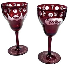 2 Vintage Bohemian Egermann Wine Glasses Castle Shield & Birds Cut Ruby To Clear