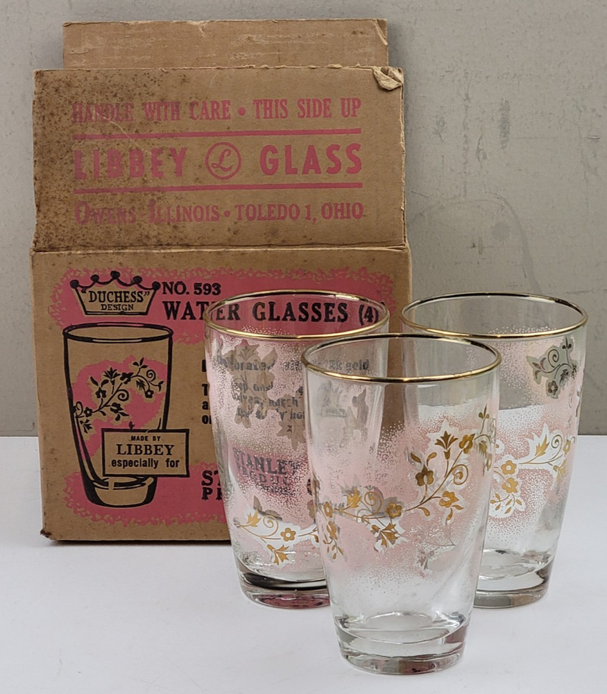 Set of 3 Vintage Libbey Duchess Design MCM Pink Design 4.5″ Water Glasses