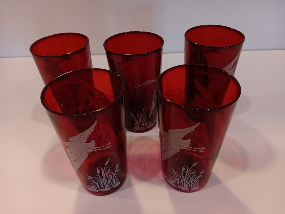 Vintage Anchor Hocking Glass Ruby Royal Wild Geese Cattails Tumbler Set of 5
