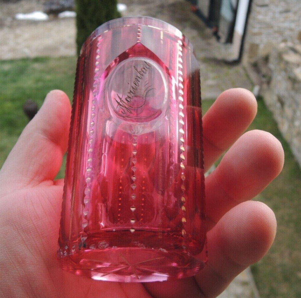 Antique Bohemian Ruby Flash Glass Spa Cup “Marienbad” – 19thC Cut Beaker