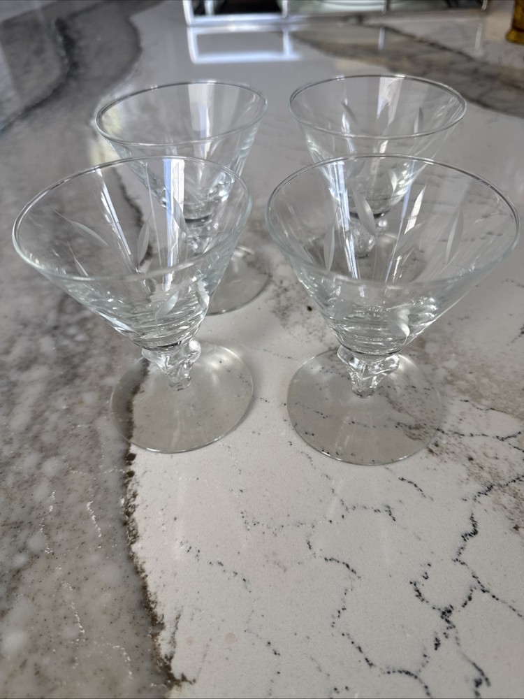 Libbey Simplicity Cattail Etched Cocktail Glasses Mid Century-Set of 4 Vintage