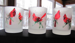 Set of 3 Culver Frosted Glass Red Cardinal Snowy Pine Branches Drinking Glasses